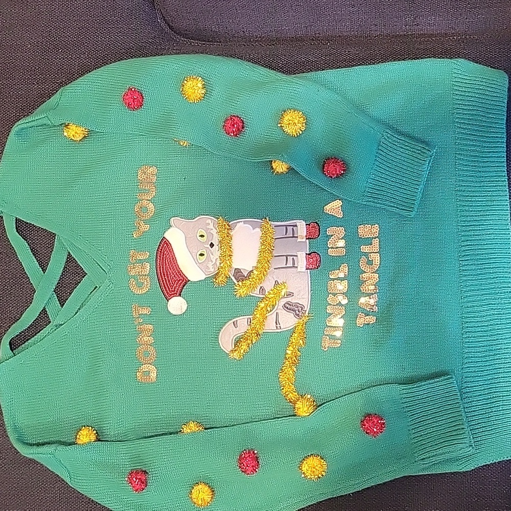 Francesca's Collections Green Festive Cat Sweater (Ugly Christmas Sweater)